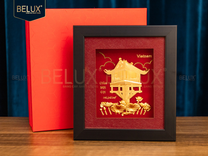 Tranh Chùa Một Cột Dát Vàng 24k 20x18cm